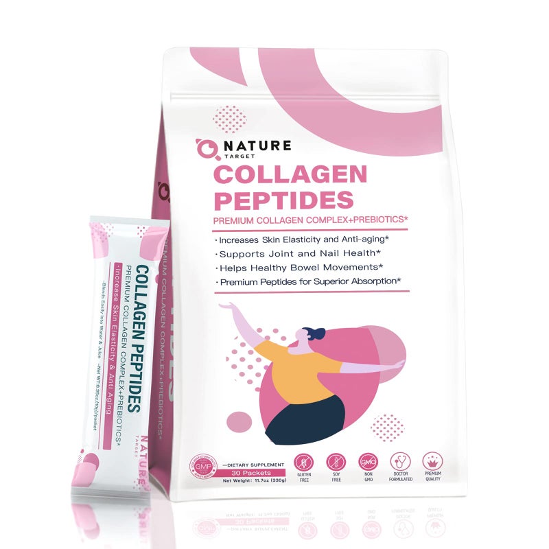 NATURE TARGET Multi Collagen Peptides Powder Type I II III V X Enhanced Absorption Hydrolyzed Collagen Peptides with Prebiotics SugarFree Support Skin Hair Nail Joint NonGMO